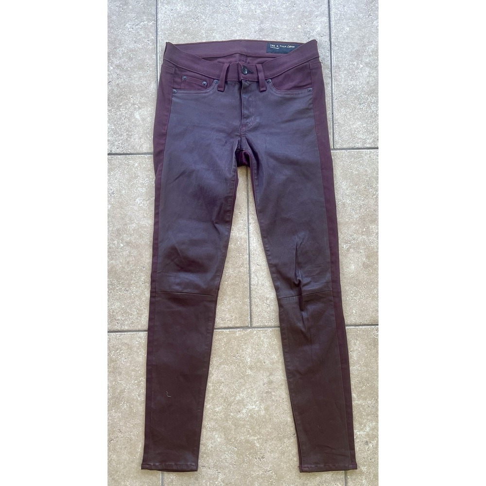 Rag & Bone Skinny Jeans 26 Burgundy Coated Waxed Denim Mid Rise Stretch Ankle
